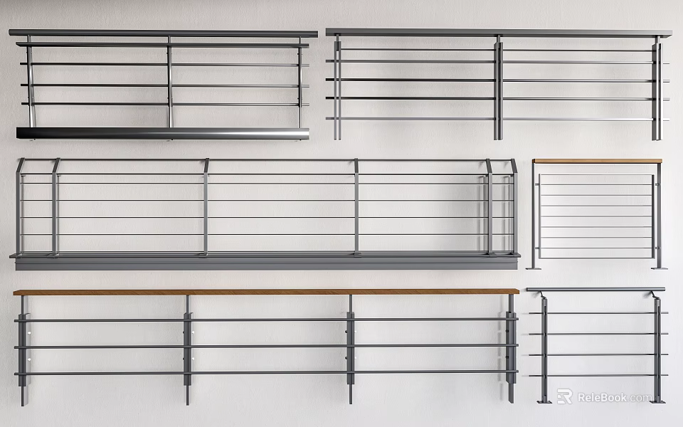 Modern Stainless Steel Railings With Various Horizontal Bar Designs And Wooden Handrail 3d model 