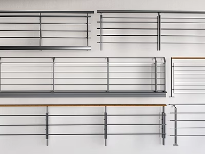 Modern Stainless Steel Railings With Various Horizontal Bar Designs And Wooden Handrail 3d model
