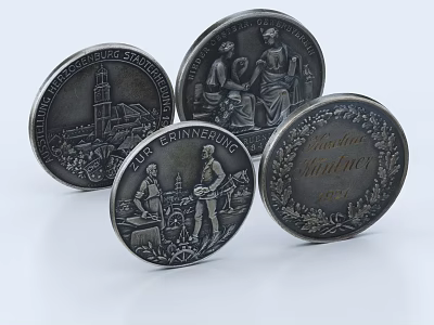 Vintage Metal Jewelry Pieces With Engraved Figures Architecture And Inscriptions 3d model