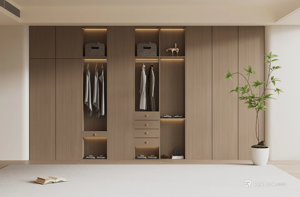 Modern Wooden Wardrobe With Hanging Clothes Drawers And Storage Compartments For Contemporary Bedroom Interior Design 3d model 