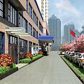 Modern Commercial Street Building Exterior With Glass Windows Blue Awning Surrounding Trees And Street Cars