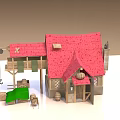 Cartoon Scene Cute Small House with Red Roof Tower Wooden Windows and Cart Wheel Decoration