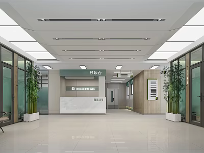 Elegant Office Lobby Interior With Reception Desk Glass Doors And Green Plants 3d model
