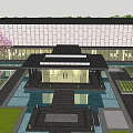 Modern Sales Office Building With Gray Roof Large Windows Rockery And Green Trees