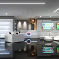 Bright Modern Specialty Store With White Display Counters Screen Displays And Product Showcases