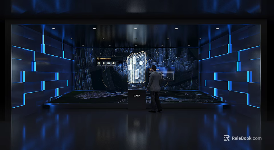 Modern Digital Exhibition Hall With Interactive Screens Blue Lighting Display Stand 3d model