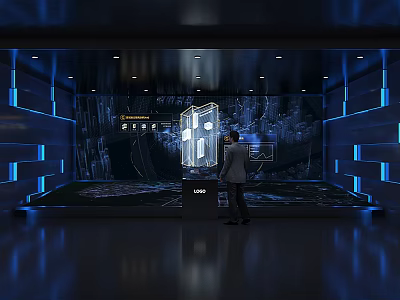Modern Digital Exhibition Hall With Interactive Screens Blue Lighting Display Stand 3d model