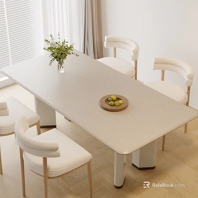 Modern Dining Table Set With Light Wood Top White Upholstered Chairs And Green Plant Decor 3d model 