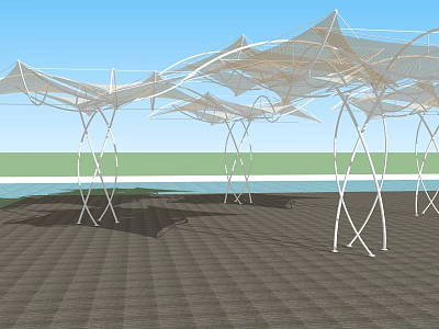 White Tensile Membrane Structures with Crossed Supports Over Dark Grid Pavement Against Blue Sky 3d model
