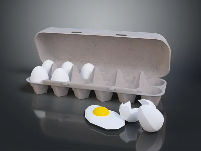 Open Egg Carton With Fresh White Eggs And Broken Shells With Yolk 3d model