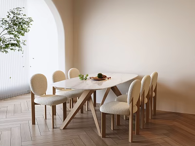 Modern Dining Table Set With Beige Chairs Fresh Fruits Green Plants And Herringbone Wooden Floor 3d model