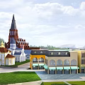 Colorful European Traditional Style Buildings Along Canal With Modern White Arch Structures
