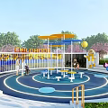 Children's Outdoor Playground with Colorful Ground Rotating Equipment Cartoon Astronaut Yellow Balloons and Green Trees