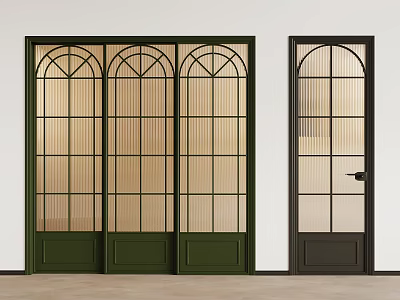 Green Three Panel Arched Glass Doors With Grid Design And Dark Brown Single Panel Door 3d model