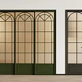 Green Three Panel Arched Glass Doors With Grid Design And Dark Brown Single Panel Door