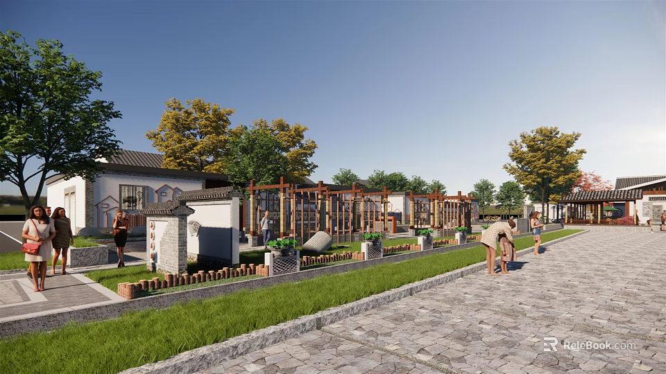 Traditional Plaza Landscape With Ancient Buildings Greenery Trees And Stone Pavement 3d model 