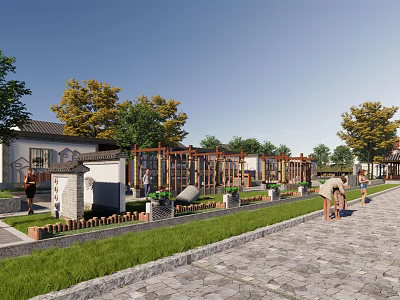 Traditional Plaza Landscape With Ancient Buildings Greenery Trees And Stone Pavement 3d model