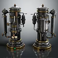 Vintage Metal Kitchen Appliances Featuring Intricate Pipes And Green Indicator Lights With Industrial Design