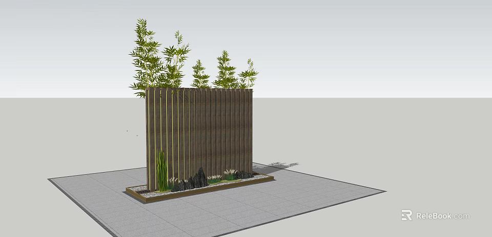 Wooden Landscape Wall with Vertical Slats Green Plants on Top and Stones at Base 3d model 