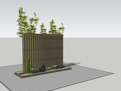 Wooden Landscape Wall with Vertical Slats Green Plants on Top and Stones at Base 3d model