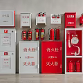 Fire Equipment Display With Red And White Cabinets And Multiple Extinguishers 3d model