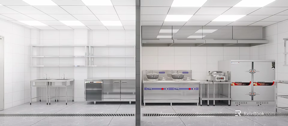Modern Commercial Kitchen With Stainless Steel Worktables Cabinets And Ventilation 3d model 