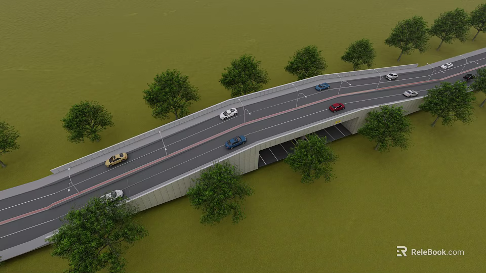 Curved Road Bridge Infrastructure With Vehicles On Lanes And Trees On Both Sides 3d model 
