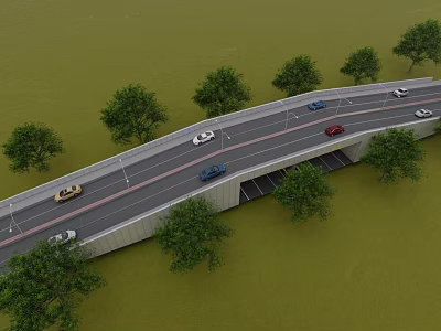 Curved Road Bridge Infrastructure With Vehicles On Lanes And Trees On Both Sides 3d model