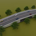 Curved Road Bridge Infrastructure With Vehicles On Lanes And Trees On Both Sides