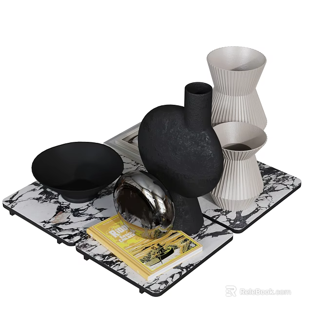 Modern Minimalist Decorative Ornament Set With Black White Vases Bowl Marble Tray And Decorative Book 3d model 