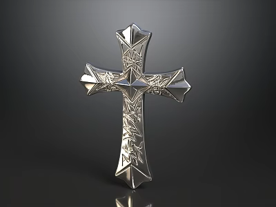 Premium Polished Silver Engraved Religious Cross Ornament For Elegant Christian Home Tabletop 3d model
