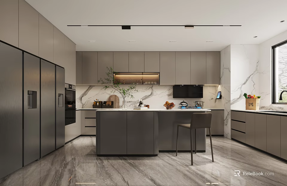 Modern Kitchen with Grey Cabinets Island Marble Countertops and Stainless Steel Refrigerator 3d model 