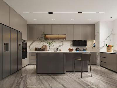 Modern Kitchen with Grey Cabinets Island Marble Countertops and Stainless Steel Refrigerator 3d model