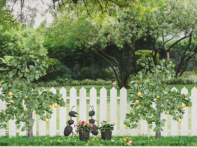 Blooming Flower Pots And Lemon Trees By White Picket Fence In Green Garden 3d model