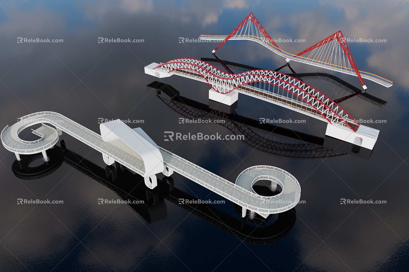 Exquisite Internet Red Bridge pedestrian bridge 3d model