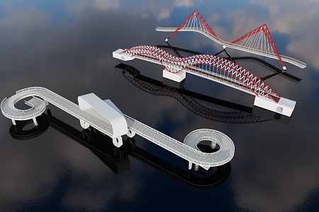 Exquisite Internet Red Bridge pedestrian bridge 3d model