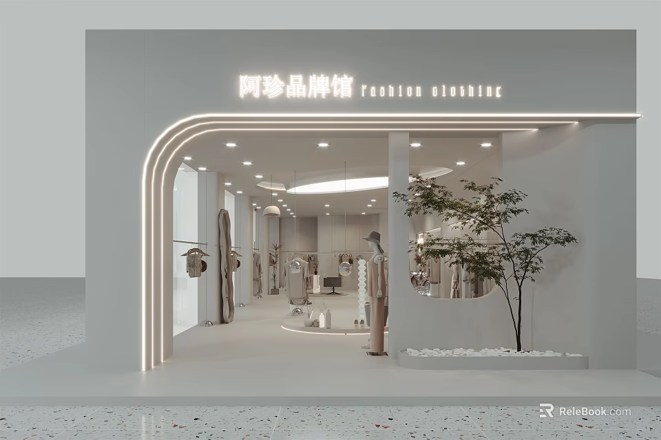 Modern Fashion Gallery Interior With Mannequins Clothing Displays Warm Lighting And Small Tree 3d model 
