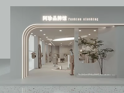 Modern Fashion Gallery Interior With Mannequins Clothing Displays Warm Lighting And Small Tree 3d model