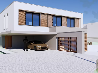 Modern Detached House Exterior With White Facade Garage Paved Driveway And Wooden Shutters 3d model
