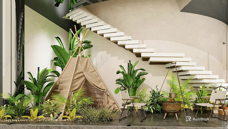 Tropical Restaurant Interior Design With Teepee Staircase And Lush Green Plants 3d model 