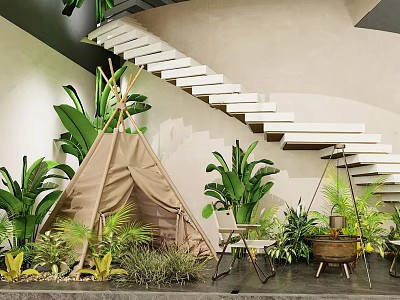 Tropical Restaurant Interior Design With Teepee Staircase And Lush Green Plants 3d model
