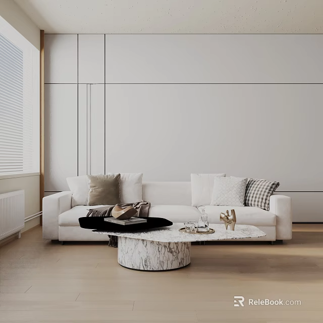 Modern Three Seater White Sofa With Neutral Plaid Pillows And Round Marble Coffee Table 3d model 