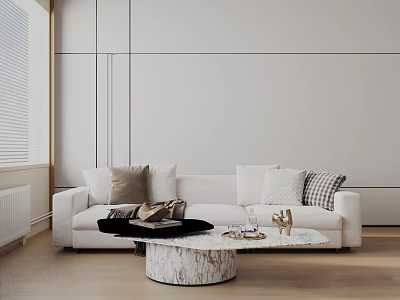 Modern Three Seater White Sofa With Neutral Plaid Pillows And Round Marble Coffee Table 3d model
