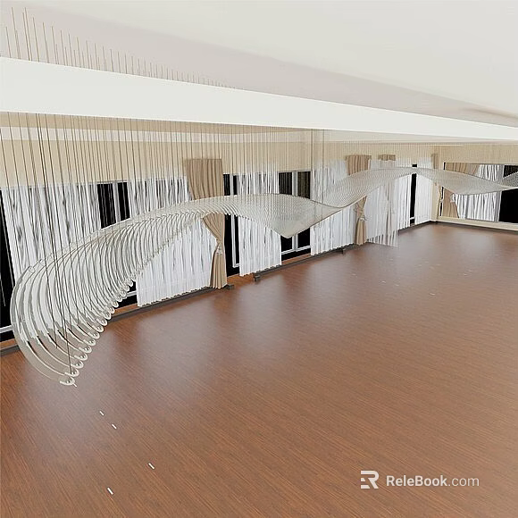 Modern Curved Metal Chandelier Design In Spacious Interior With Wooden Floor And Windows 3d model 