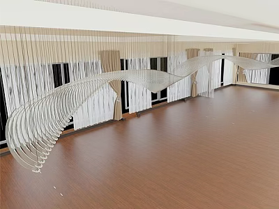 Modern Curved Metal Chandelier Design In Spacious Interior With Wooden Floor And Windows 3d model