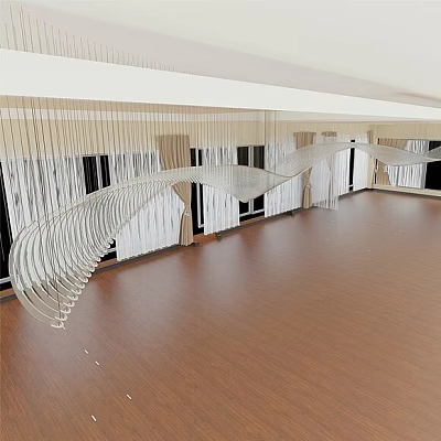 Modern Curved Metal Chandelier Design In Spacious Interior With Wooden Floor And Windows 3d model