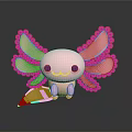 Cute Pink Axolotl Cartoon Character With Smiling Face Blue Eyes And Frilly Gills
