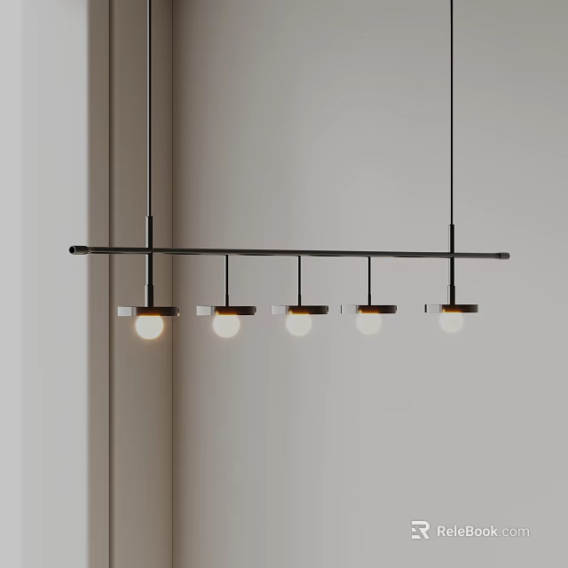 Modern Linear Chandelier With Five Bulbs On Black Horizontal Bar Design 3d model