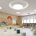 Kindergarten Interior With Wooden Walls Round Ceiling Lights Colorful Stools Bookshelves Windows And Green Plants