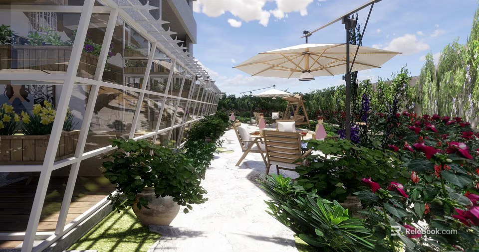 Lush Garden With Glass Greenhouse Outdoor Umbrella Tables Chairs Green Plants And Stone Path 3d model 